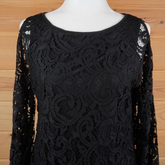 Adrianna Papell Black Lace Open Shoulder Lined Top Size Medium‎ - Picture 2 of 8